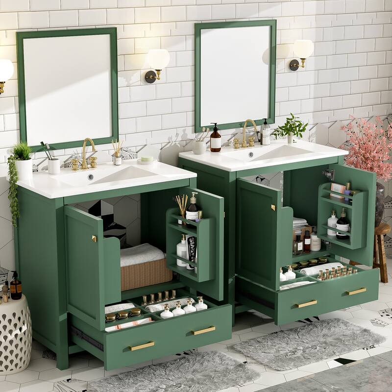 60" Green Bathroom Vanity Set with Double Vanities (Separate), Double Ceramic Sinks,Storage Shelf,and Divided Drawers