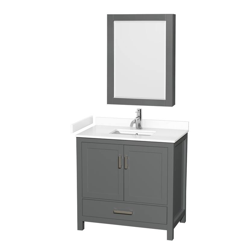 Sheffield Single Bathroom Vanity Set, Cultured Top, Medicine Cabinet - 36-Inch Single - Dark Gray, White Cultured Marble Top, Chrome Trim