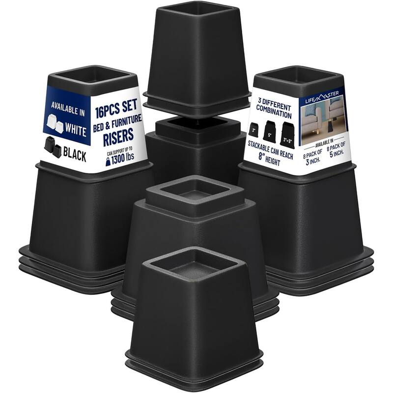 Lifemaster Furniture Riser Set - Non-Slip Design Furniture Leg Riser - Pack of 16 - Black
