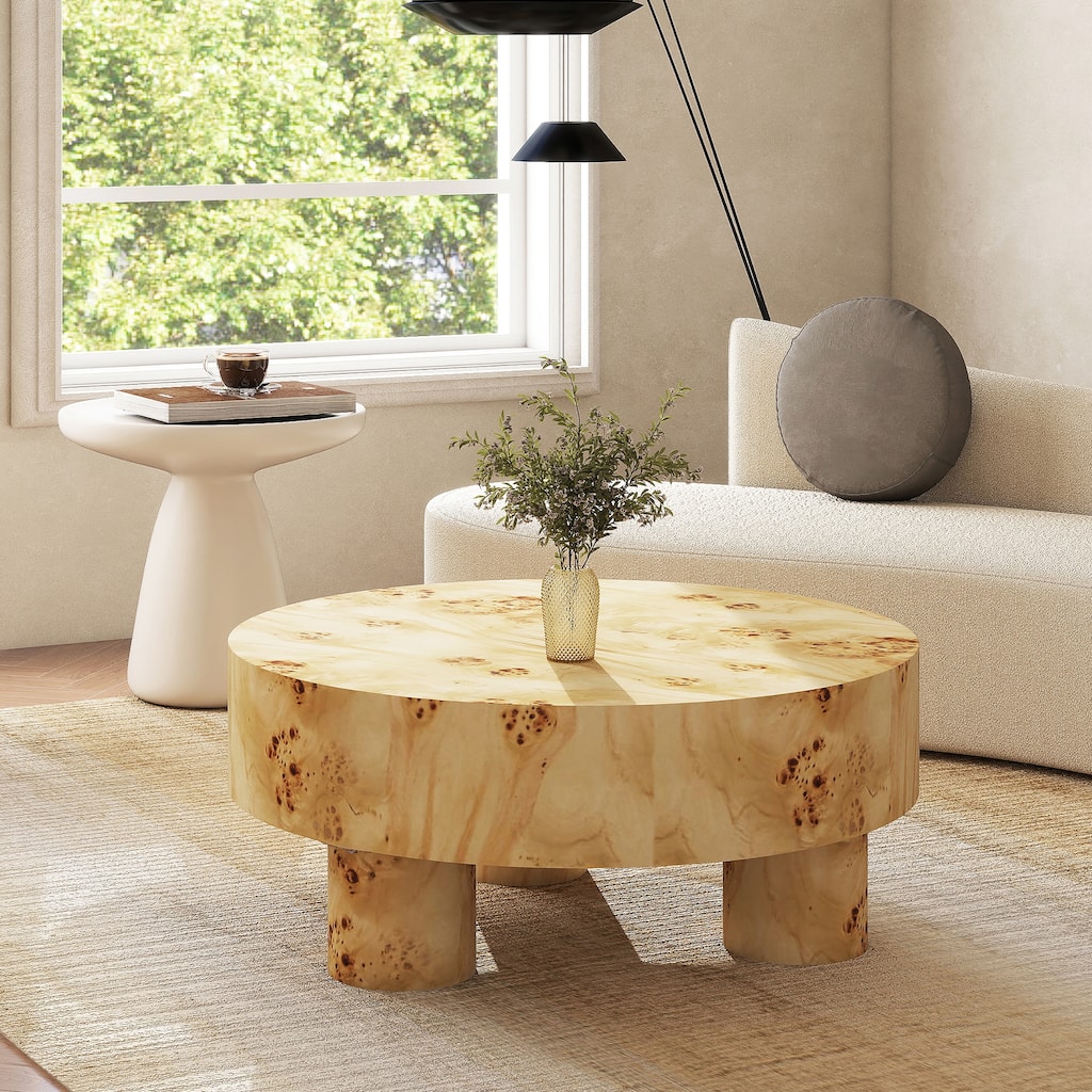 Nebula 35.5" Burl Wood Round Coffee Table with Pillar Legs