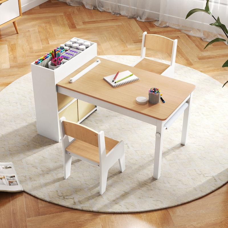 Costway Kids Art Table & Chairs Set with Paper Roll Wooden Craft Study - See Details