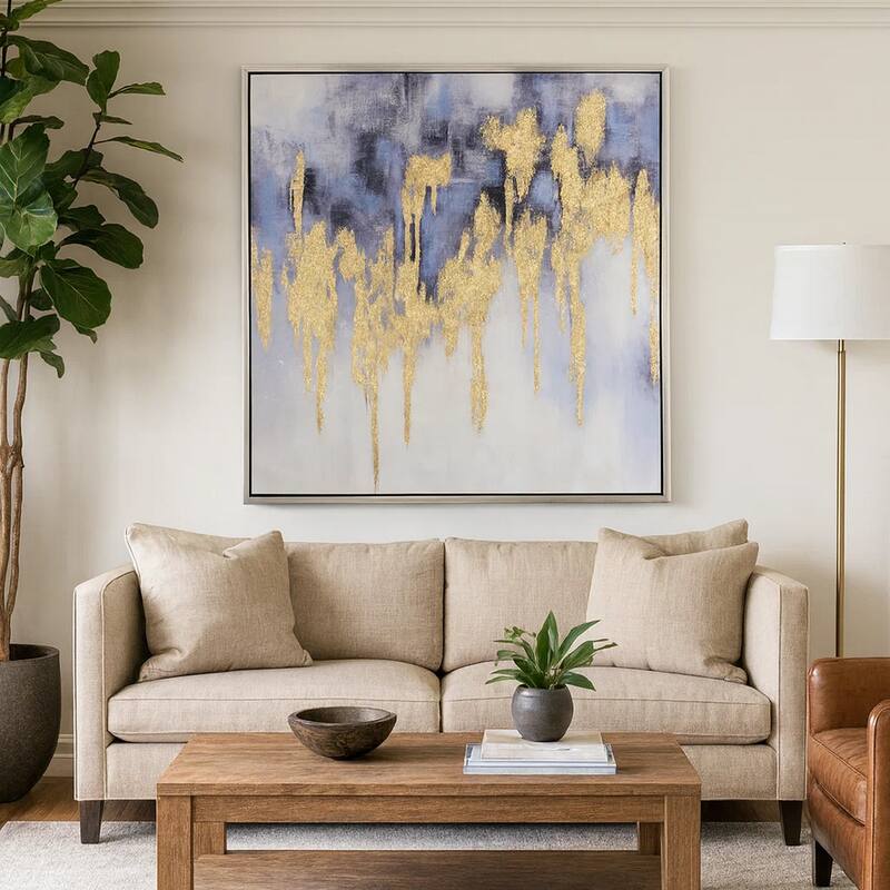 39 x 39 Framed Oil Painting, Gold Flakes, Square Polyester Canvas, Abstract