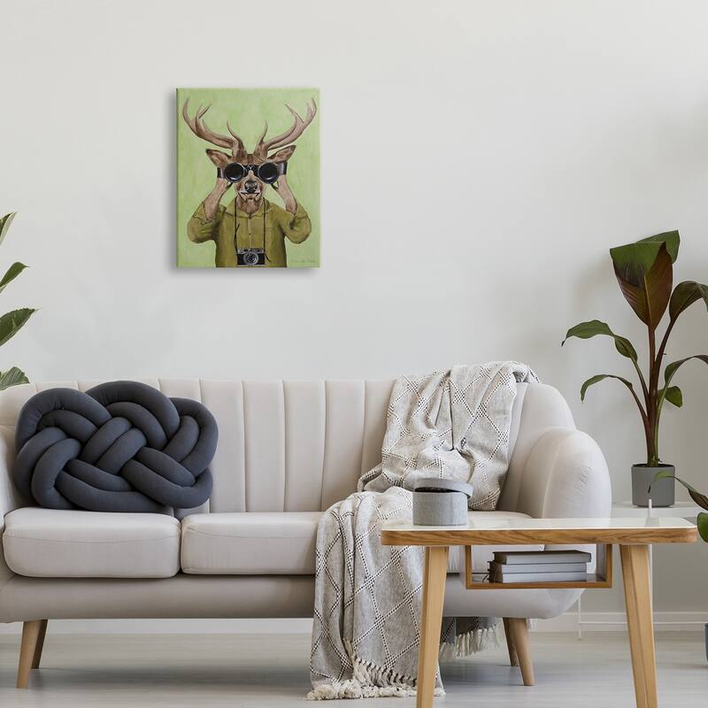 Stupell Funny Cute Deer Binoculars Camera Painting Green Background Canvas Wall Art