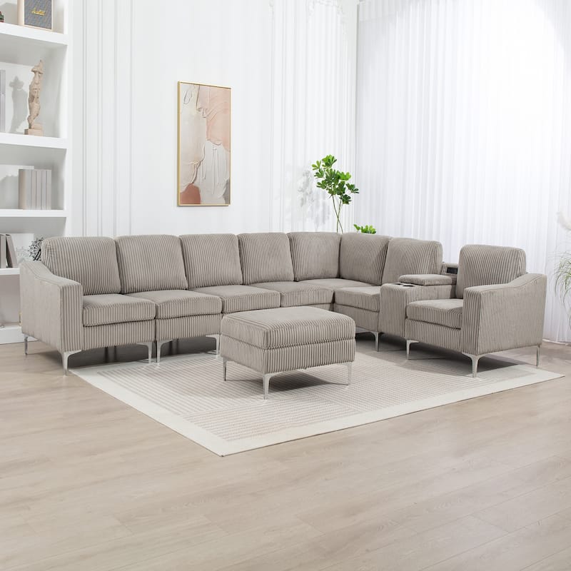 129.14" Corduroy Modular Sectional Sofa with Ottoman - Gray