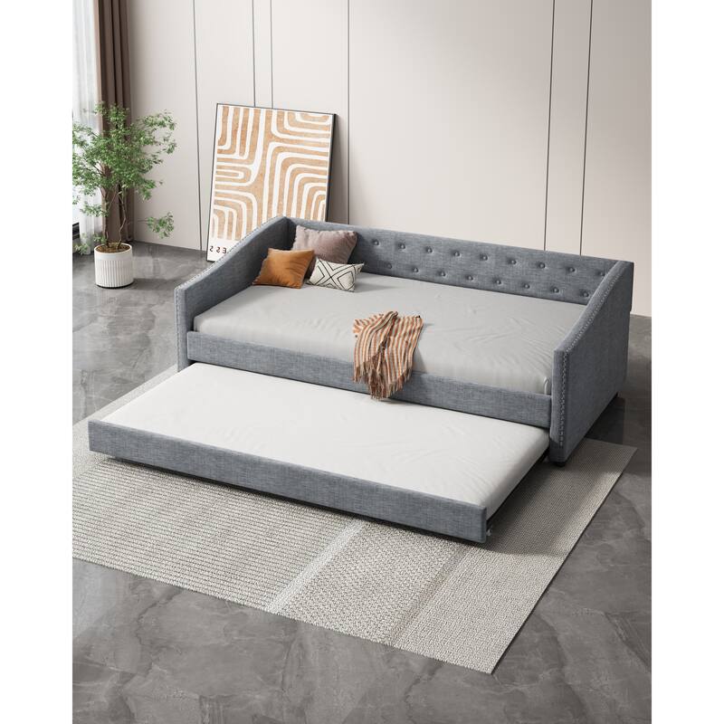 Linen Tufted Daybed with Trundle, Upholstered Platform Sofa Bed Frame, Wooden Slat Support