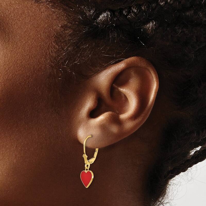 Curata 14k Yellow Gold 3D Mini Red Love Heart Enamel Leverback Earrings - 26x9mm