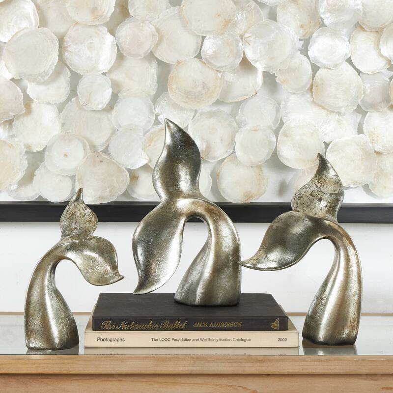 Silver Polystone Whale Decorative Sculpture with Various Sized Tails and Copper Distressing (Set of 3) - Silver