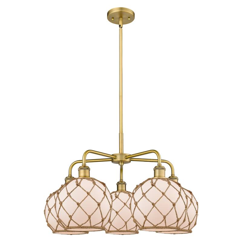 Innovations Lighting Endless Possibilities Ballston - Farmhouse Rope - 5 Light 27" Stem Hung Chandelier - White Glass with Brown Rope/Brushed Brass