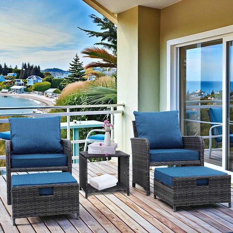 5 Pieces Rattan Patio Furniture Set with Removable Cushions, Outdoor Patio Conversation Set with 2 Ottomans and Coffee Table