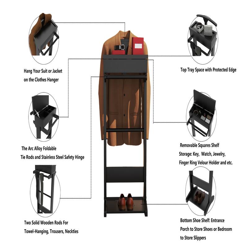 Black Portable Garment Rack,Clothes Valet Stand with Storage Organizer