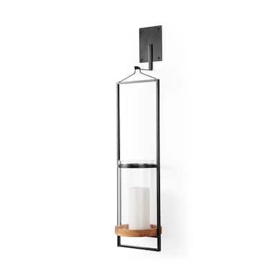 Avram Black Metal And Brown Wood Hanging Candle Holder - 5.9L x 5.1W x 24.0H