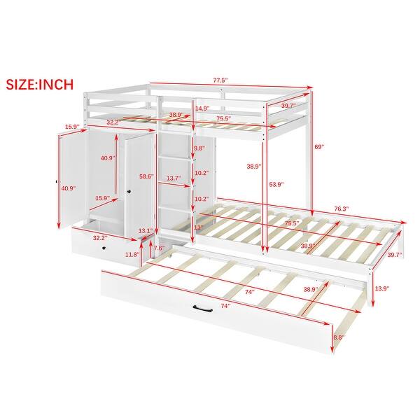 White Twin-over-Twin Pine Wood Bunk Bed with Wardrobe, Drawers, and Shelves, Full-Length Guardrail