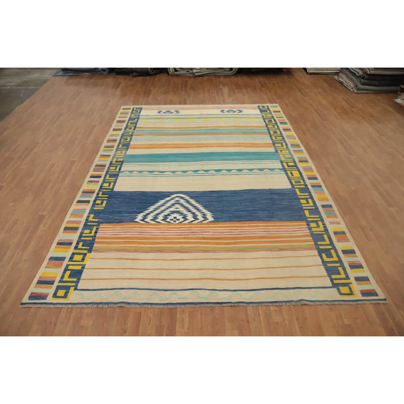 Hand Woven Oriental 100% Wool Carpet Southwestern Tribal Multi-Colored Kilim Area Rug - 12' 0'' X 8' 9''