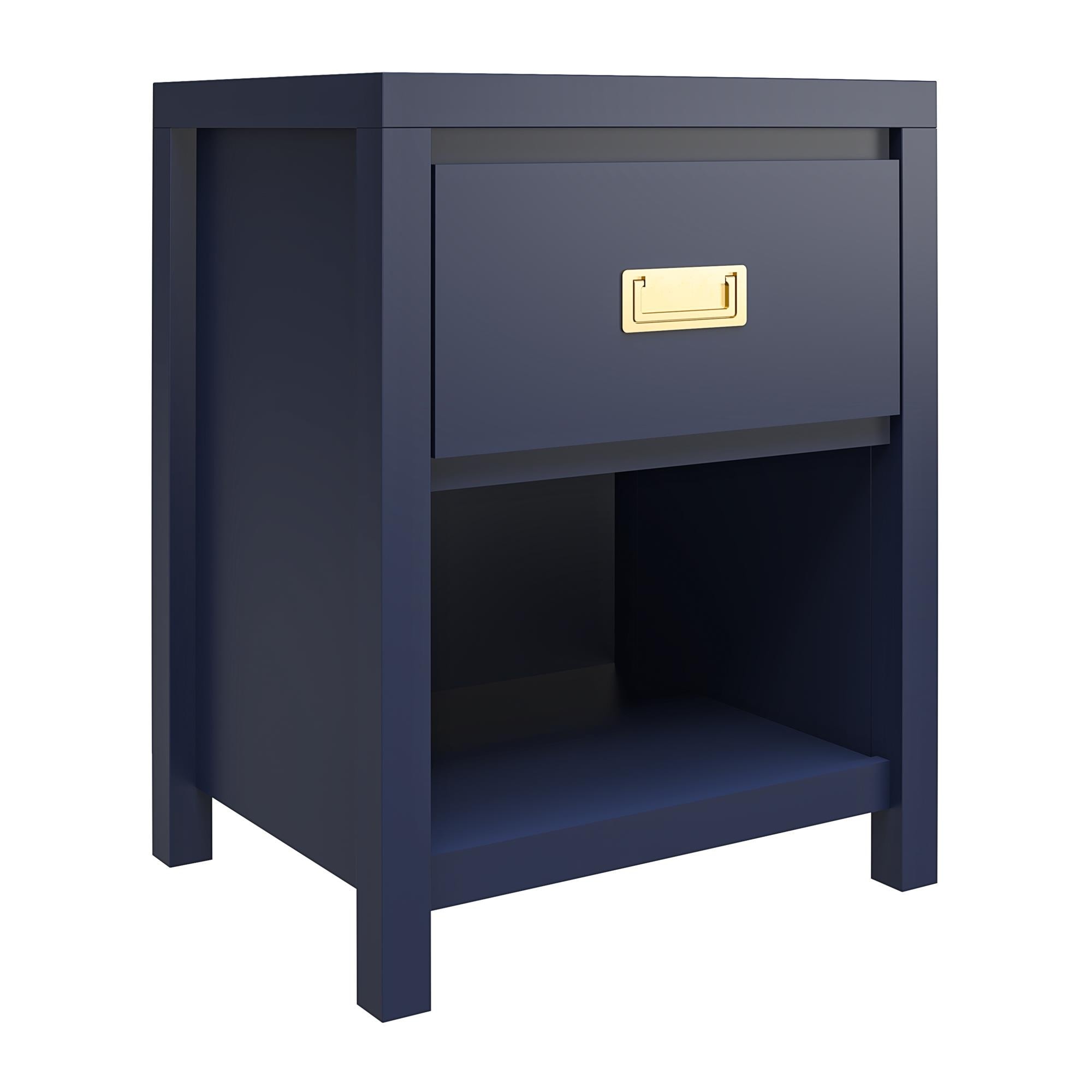 Navy blue nightstand with a single drawer featuring a brass handle and an open lower shelf