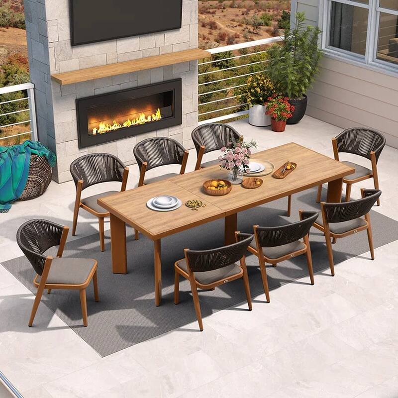 PURPLE LEAF Outdoor Dining Set Teak Aluminum Patio Furniture Set Dining Table And Wicker Chairs - Updated Brown (8 people, rectangular oversize)