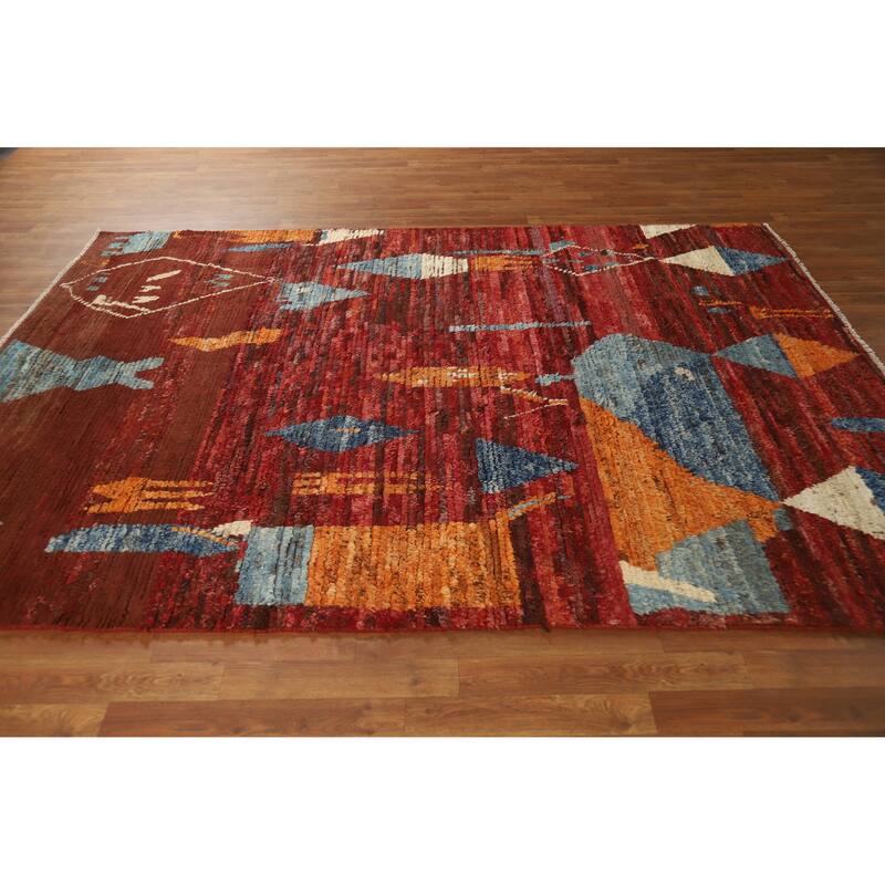 Geometric Moroccan Oriental Area Rug Handmade Red Wool Carpet - 6'4" x 8'9"