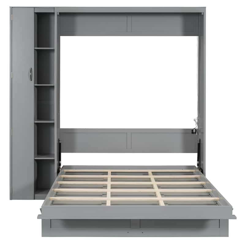 Queen Size Murphy Bed Wall Bed with Shelves, Wardrobe and LED Lights