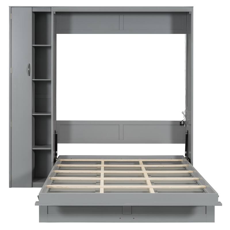 Space-Saving Queen Murphy Bed with Shelves, Wardrobe and LED Lights in Gray