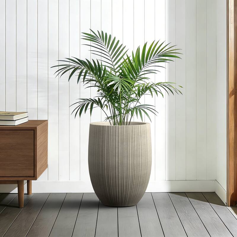 Concrete Round Fluted Planter Pot Barrel-Style with Drainage Holes