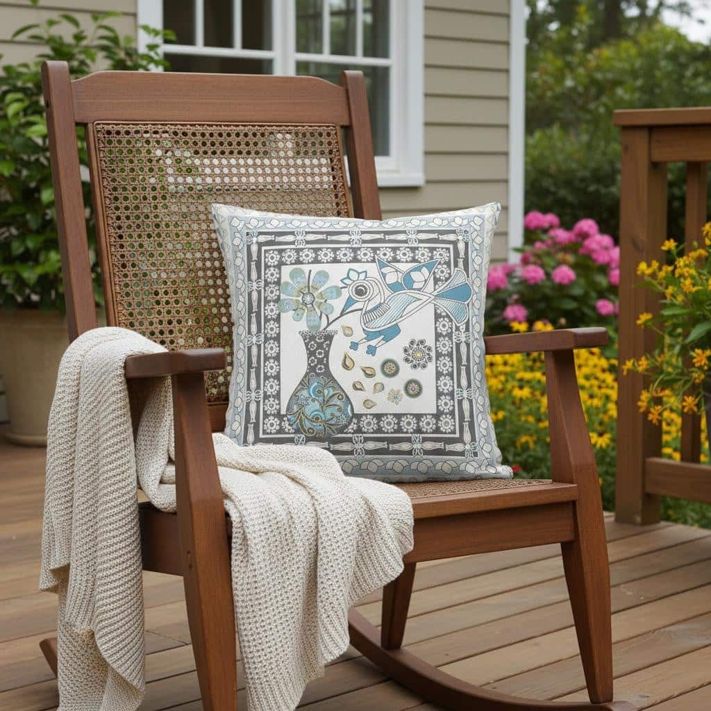 HomeRoots 18" x 18" Blue and White Bird Blown Seam Floral Indoor Outdoor Throw Pillow - 18.00' X '5.00' X '18.00