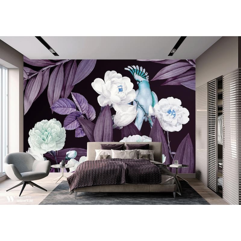 Exotic Flowers Night Garden Wallpaper Mural Tropical Bird