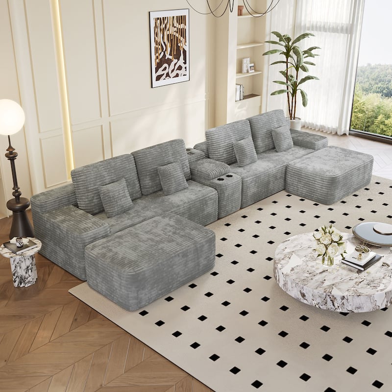Corduroy Sectional Sofa with Ottomans, Console Table with Storage Box, Charging Station, Cup Holders and Bluetooth Speaker