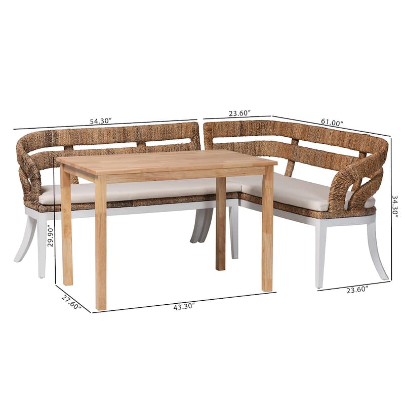 Ubud Seagrass Dining Nook Set with Wood Table - Coastal Farmhouse Breakfast Furniture Set