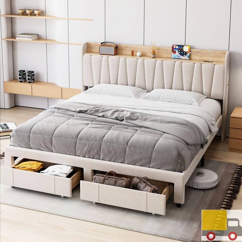 Upholstered Platform Bed with Charging Headboard, Storage Drawers