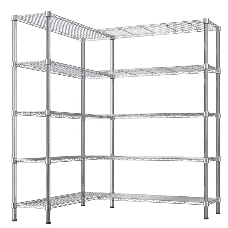 Expandable 5-Tier Chrome Finish Metal Storage Rack with Adjustable Shelf for Home and Office - 147×35×150cm