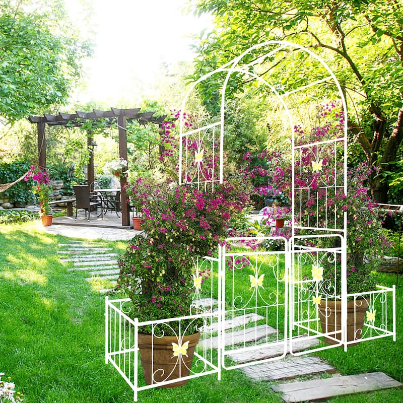 Metal Garden Arch with Gate 79.5'' Wide x 86.6'' High Climbing Plants Support Rose Arch Outdoor Cream