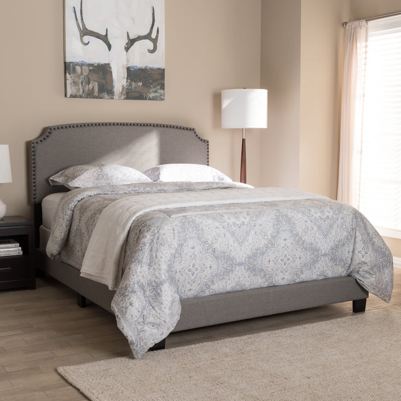 Full Size Bed Upholstered Light Grey Nailhead Trim Boho Chic Bedroom Furniture
