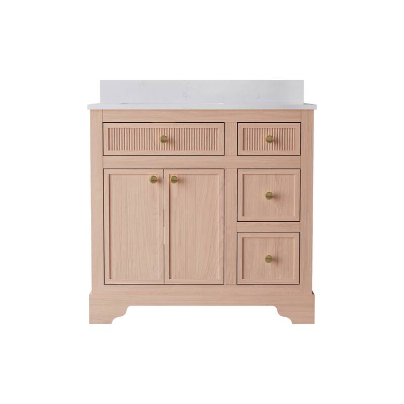 35''H Bath Solid Wood Vanity with Stain-resistant Carrera White Quartz Top And Single Sink