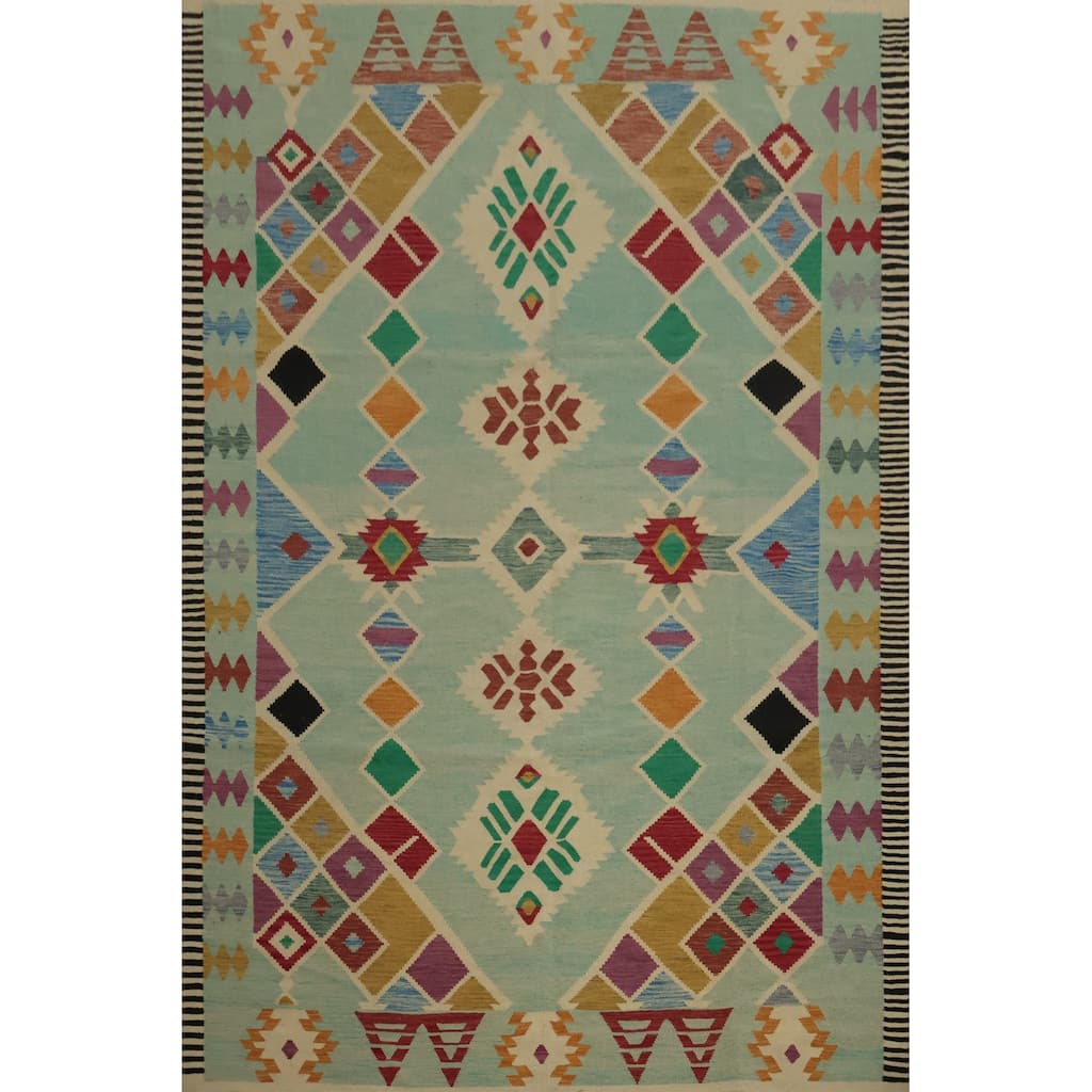 Hand Woven Oriental 100% Wool Carpet Southwestern Tribal Navy Blue & Blues Kilim Area Rug - 11' 8'' X 8' 6''