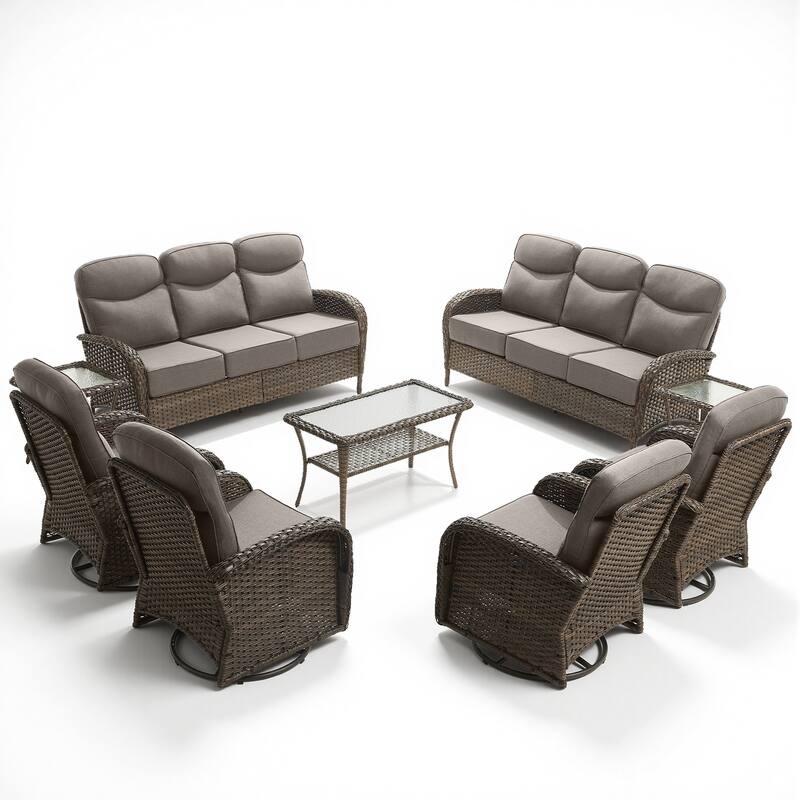 Pocassy Patio 9-Piece Sofa Swivel Chair with Coffee Table - Brown Wicker Gray Cushion