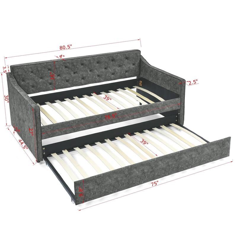 Twin Size Linen Upholstered Daybed Frame with Trundle & Tufted Backrest