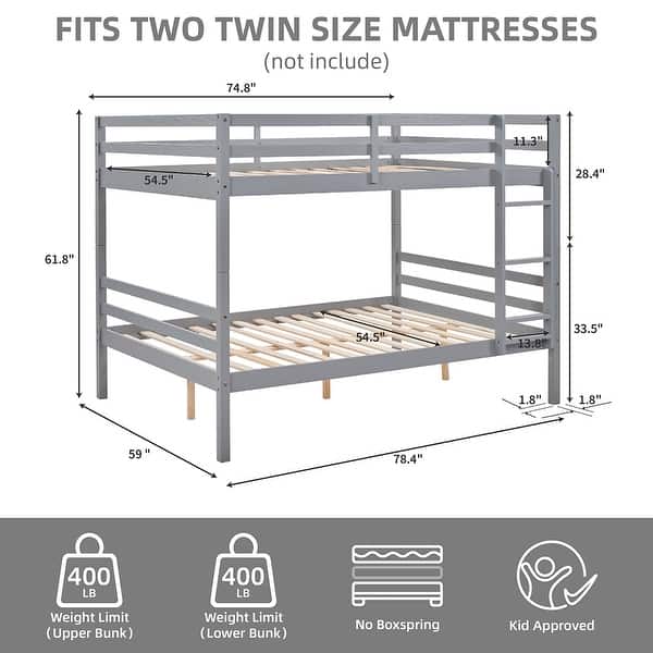 dimension image slide 3 of 4, Full over Full Wooden Bunk Bed,High Guardrail,Ladder,Kids Teens,Dorm