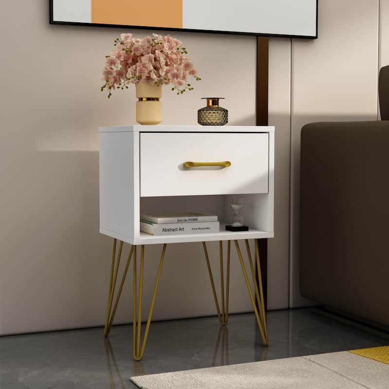 Timechee 23.6'' Tall 1 - Drawer Wood Nightstand Metal Legs(1 Piece) - White