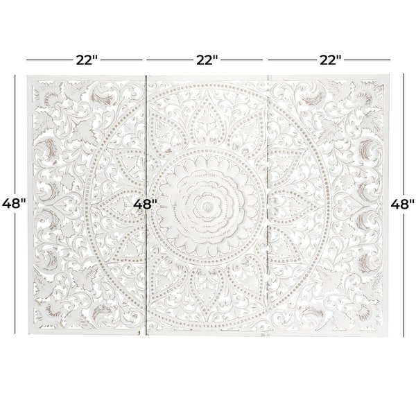 dimension image slide 3 of 4, Brown or White Wooden Handmade Intricately Carved Floral Home Wall Decor with Mandala Design (Set of 3)
