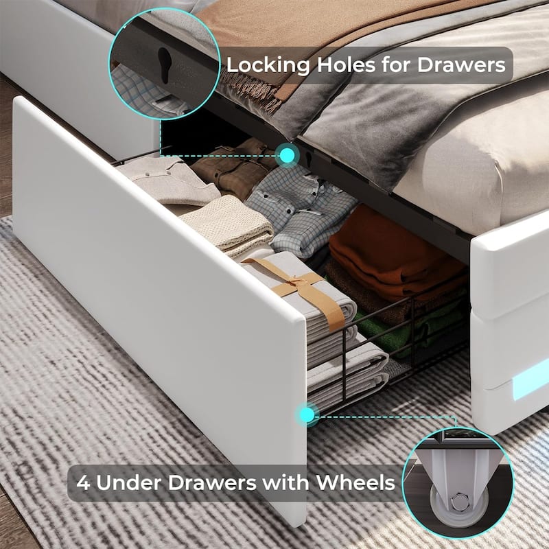 LED Bed Frame Platform Bed 2 USB Ports 4 Storage Drawers