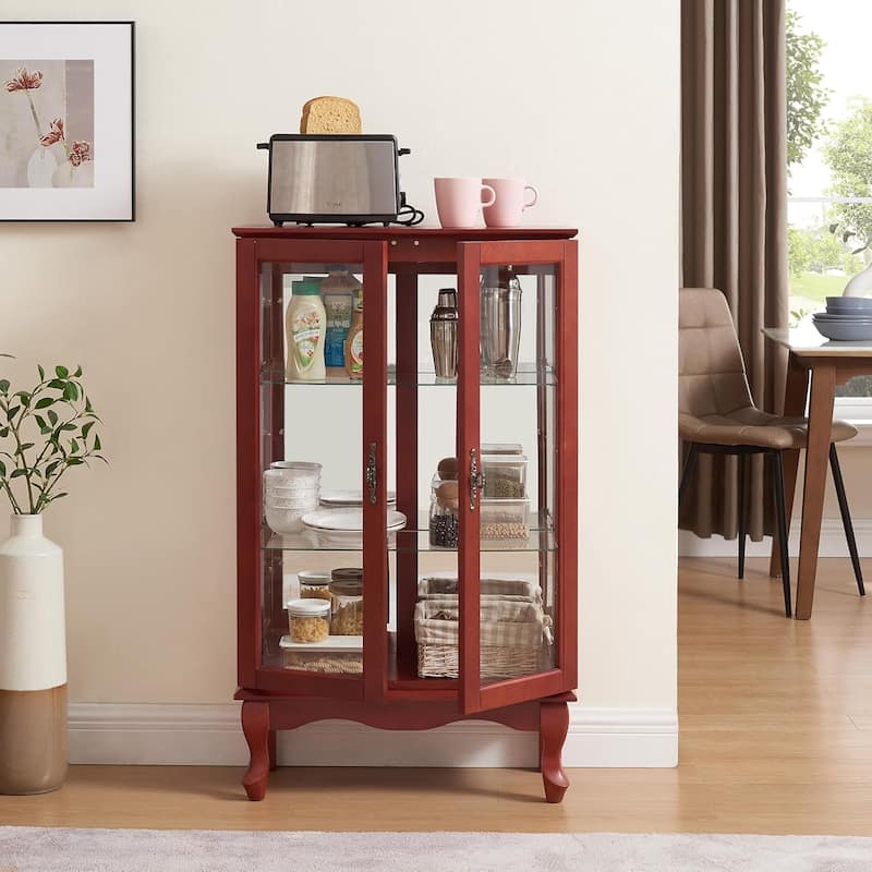 Roomfitters 2 Doors Curio Cabinet with Tempered Glass Doors, Mirrored Back Panel, Adjustable Shelves, Lighted Display Cabinet