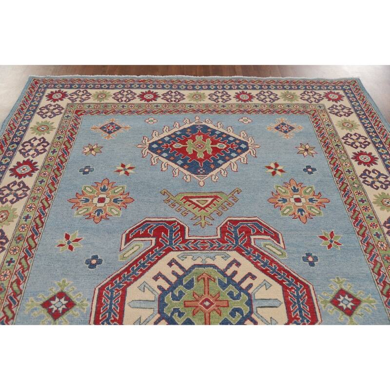 Hand Knotted Oriental 100% Wool Carpet Traditional Geometric Navy Blue & Blues Kazak Area Rug - 10' 0'' X 6' 9''