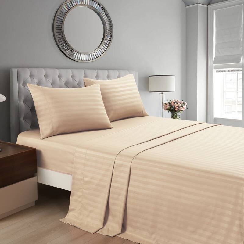 3/4 Pcs Luxury Stripe Bed Sheets Set - Beige - Full