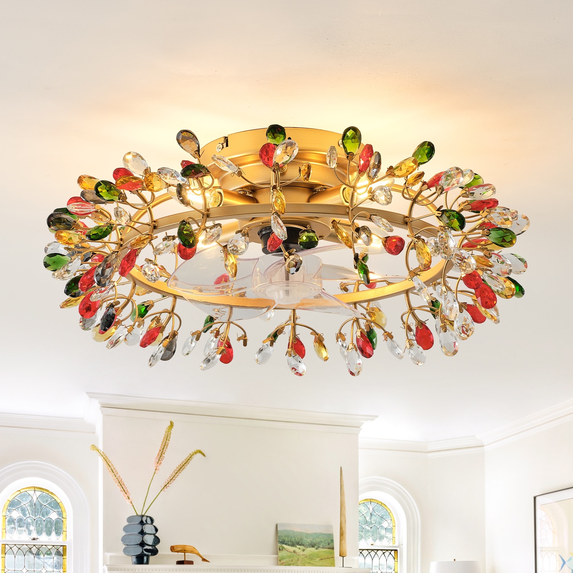23" Modern Gold 4-Light Crystal Low-Profile Flush Mount Ceiling Fan with Remote