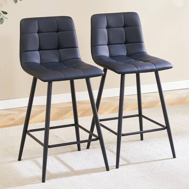 Modern PU Bar Chair 2 Pieces with Metal Legs, Checkered Design, Waterproof and Stain Resistant Suitable for Bars, Living Rooms - Black