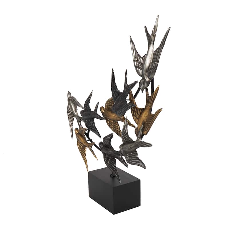 Metal Bird Metallic Flying Sculpture with Black Block Base - Black - Roche River Decor - 4"W x 20"L x 19"H