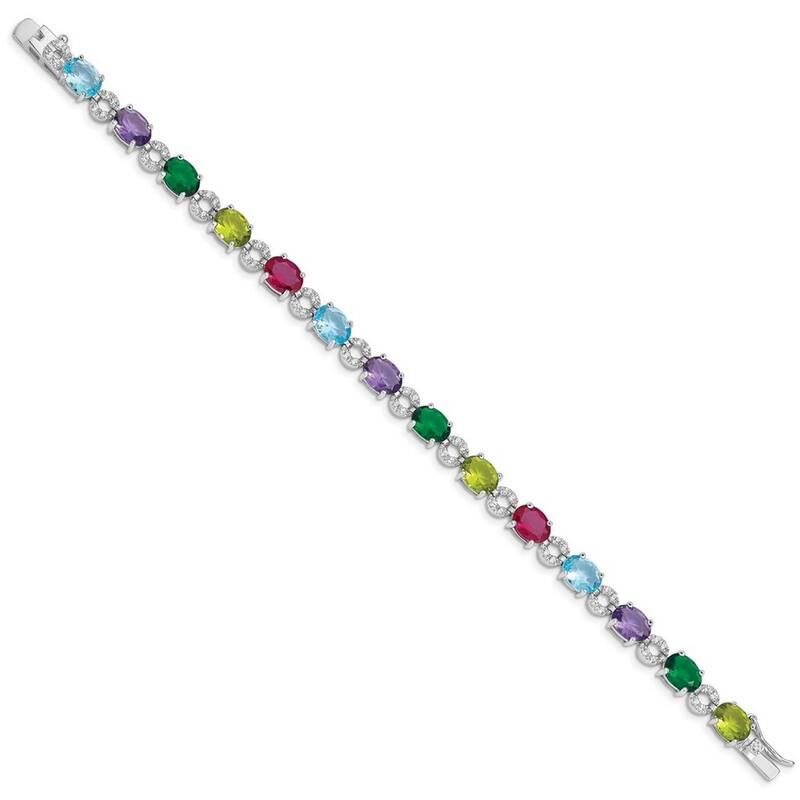 Curata 925 Sterling Silver Polished Open back Safety bar Multi colored Box Catch Closure 7inch Silver Multicolor CZ Cubic