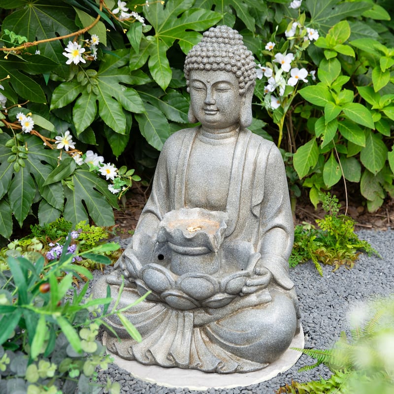 Glitzhome 28.25"H Zen Style Meditating Buddha Statue Patio Fountain with LED Lights - 28.25"