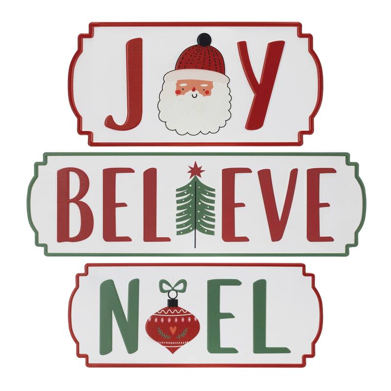 HomeRoots Set of Three White Green And Red Metal Christmas Hanging Text Wall Decor