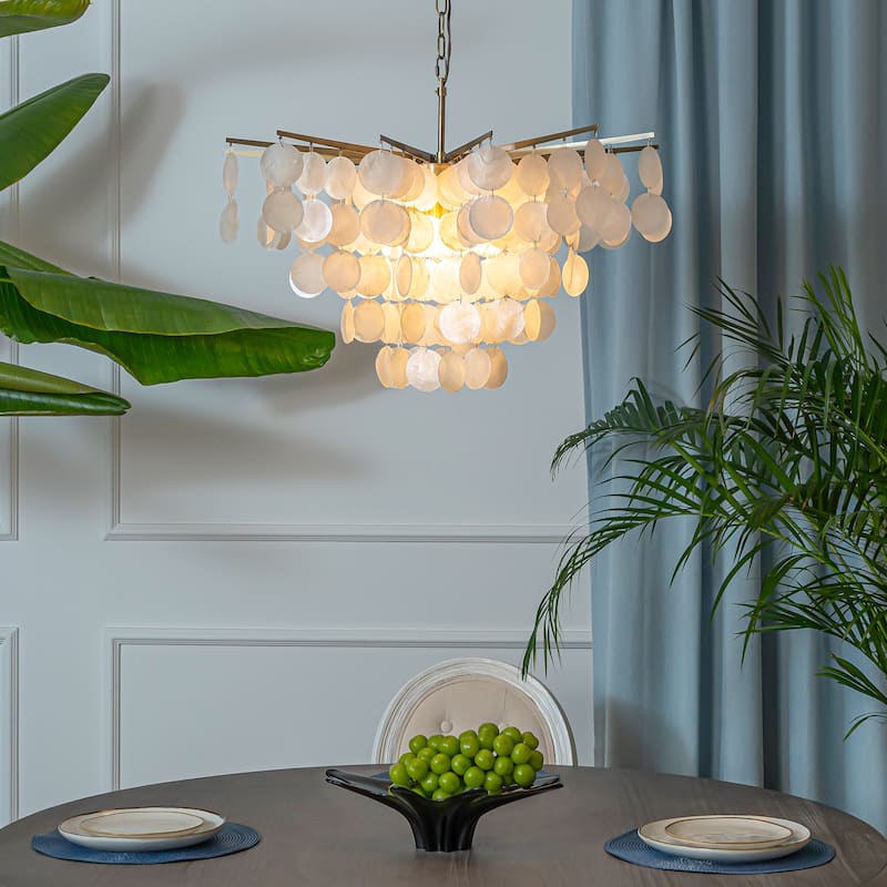Cone Shape Tier Coastal Capiz Shells Chandelier With Antique Gold Metal