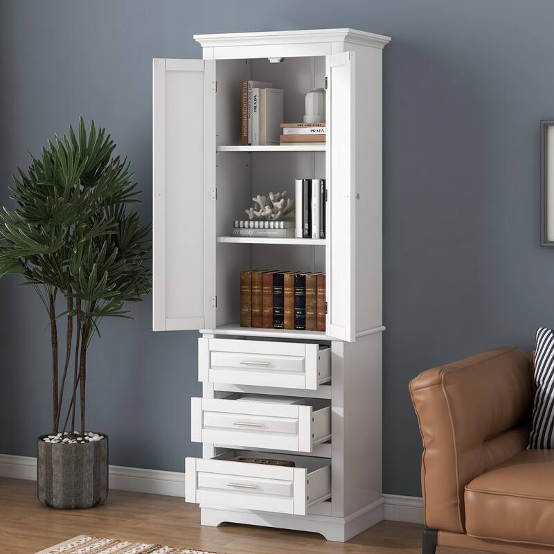 Roomfitters 64" Tall Bathroom Storage Cabinet, Modern MDF Linen Tower with 3 Large Drawers & Adjustable Shelves, White